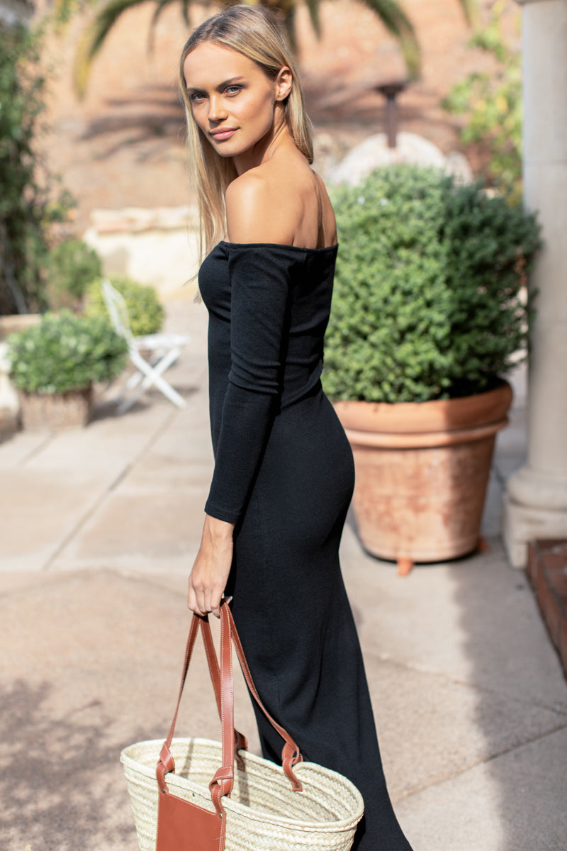 Rouched Off The Shoulder Dress Maxi - Black Organic