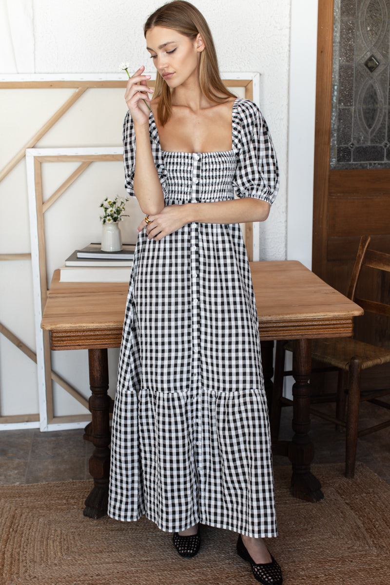 Santiago 3 Maxi Dress - Black + White Check XS/S Santiago 3 Maxi Dress - Black + White Check XS/S