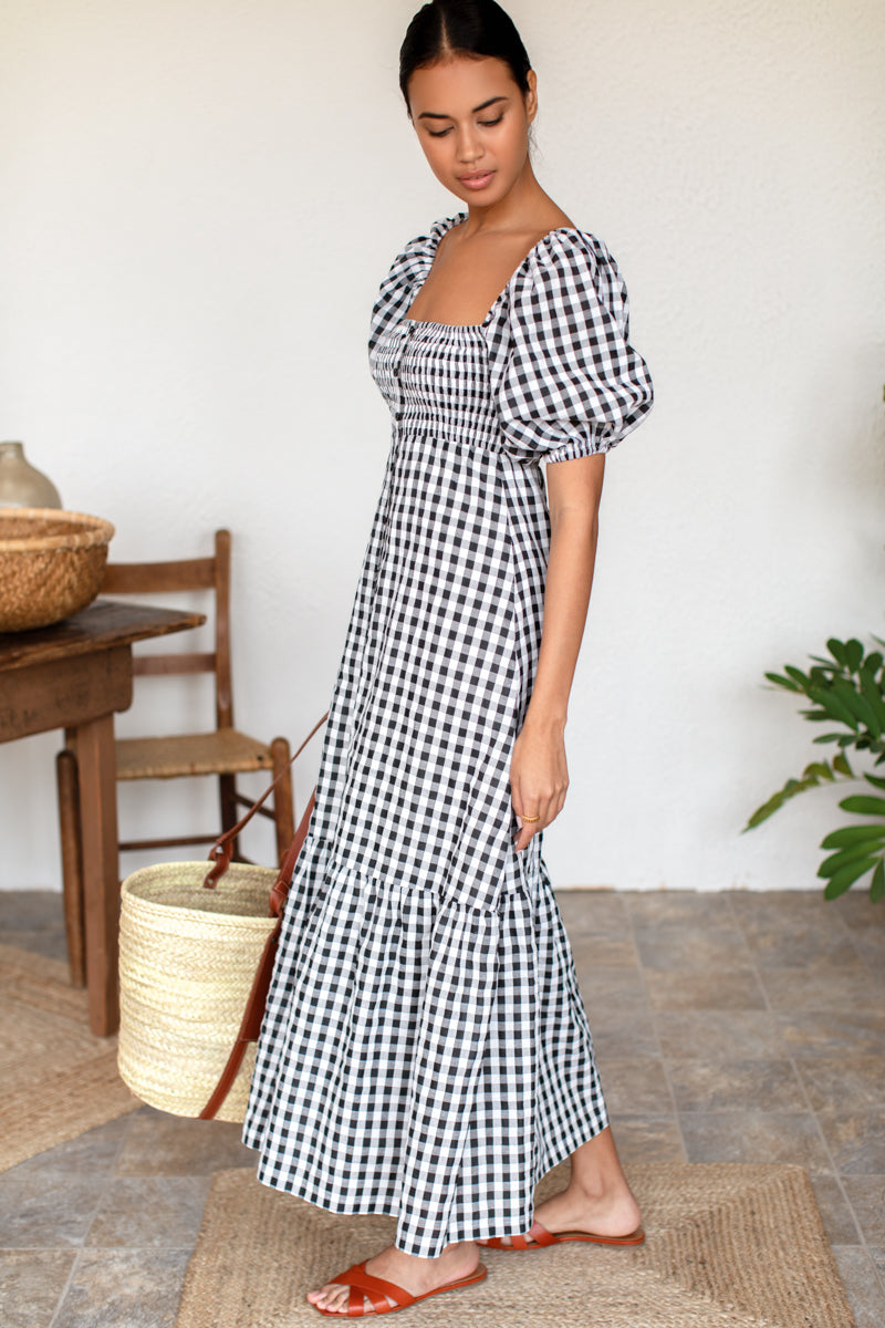 Santiago 3 Maxi Dress - Black + White Check