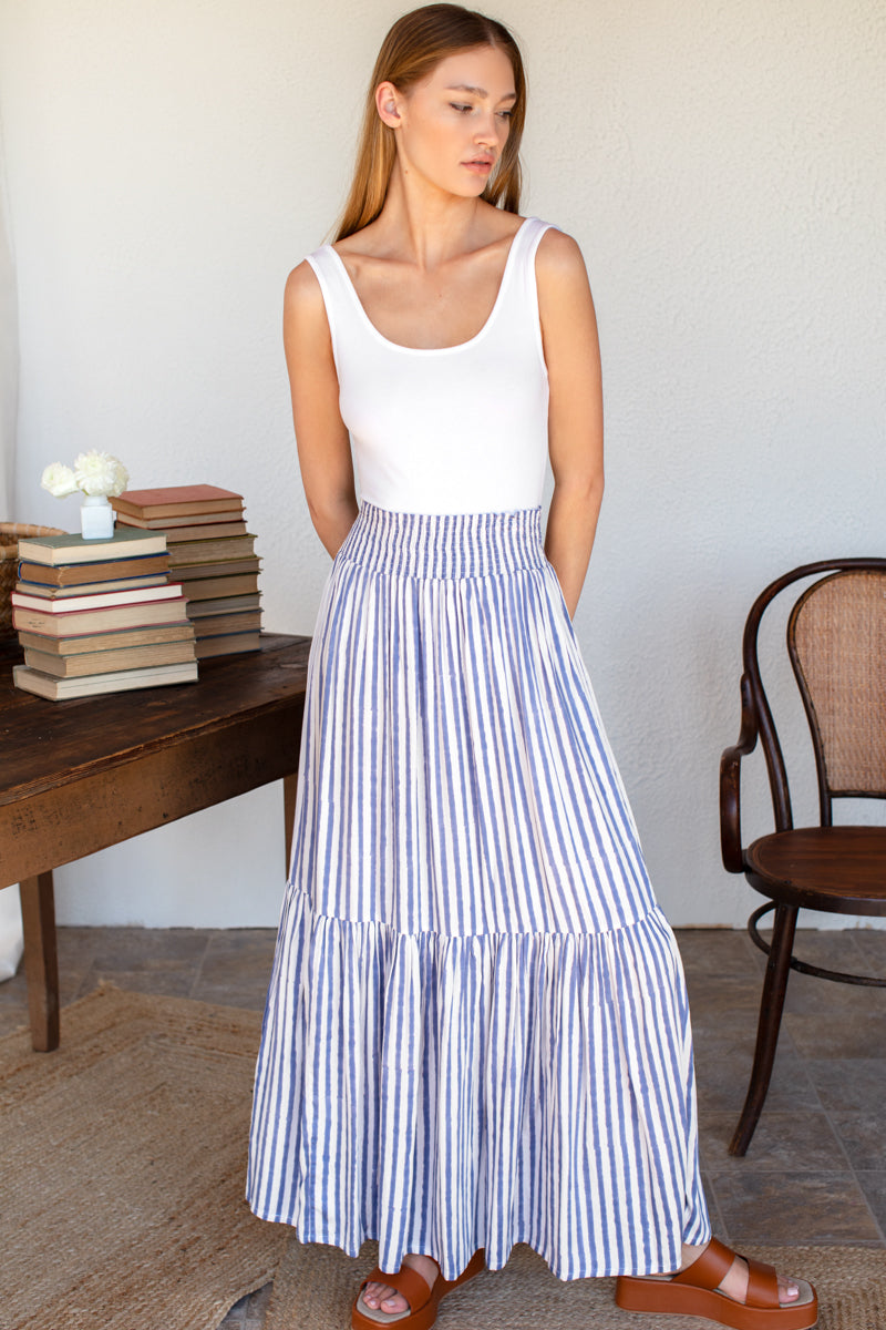 Shirred Skirt - Ocean Stripe