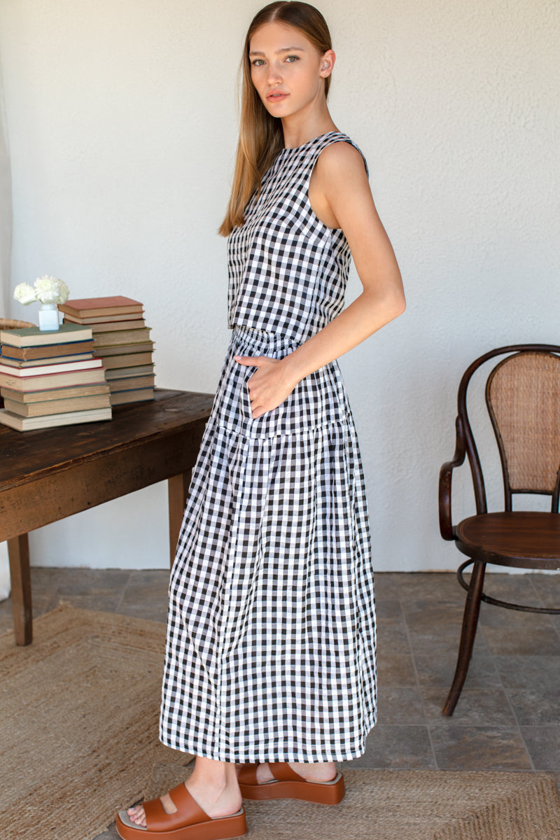 Single Tier Maxi Skirt - Black + White Check