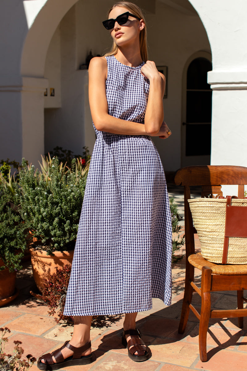 Studio Sundress  - Navy + White Seersucker Check