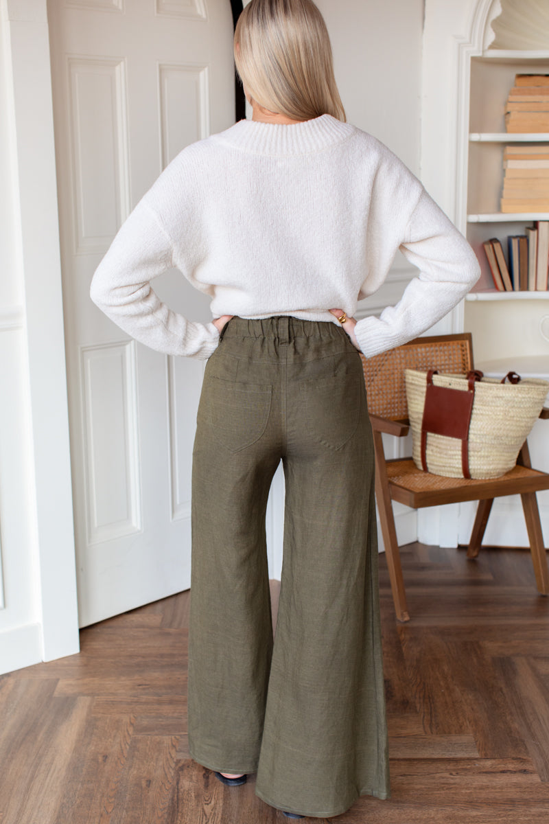 Tulip Wide Leg Pant - Martini Olive Linen