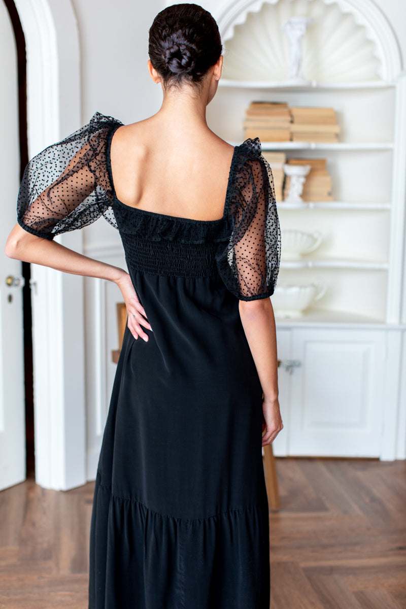 Shirred Bodice Maxi Dress - Black Dots