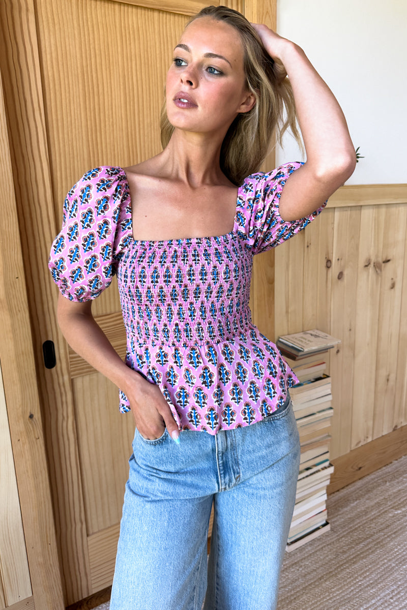 Shirred Blouse - Day Flowers Aurora Pink