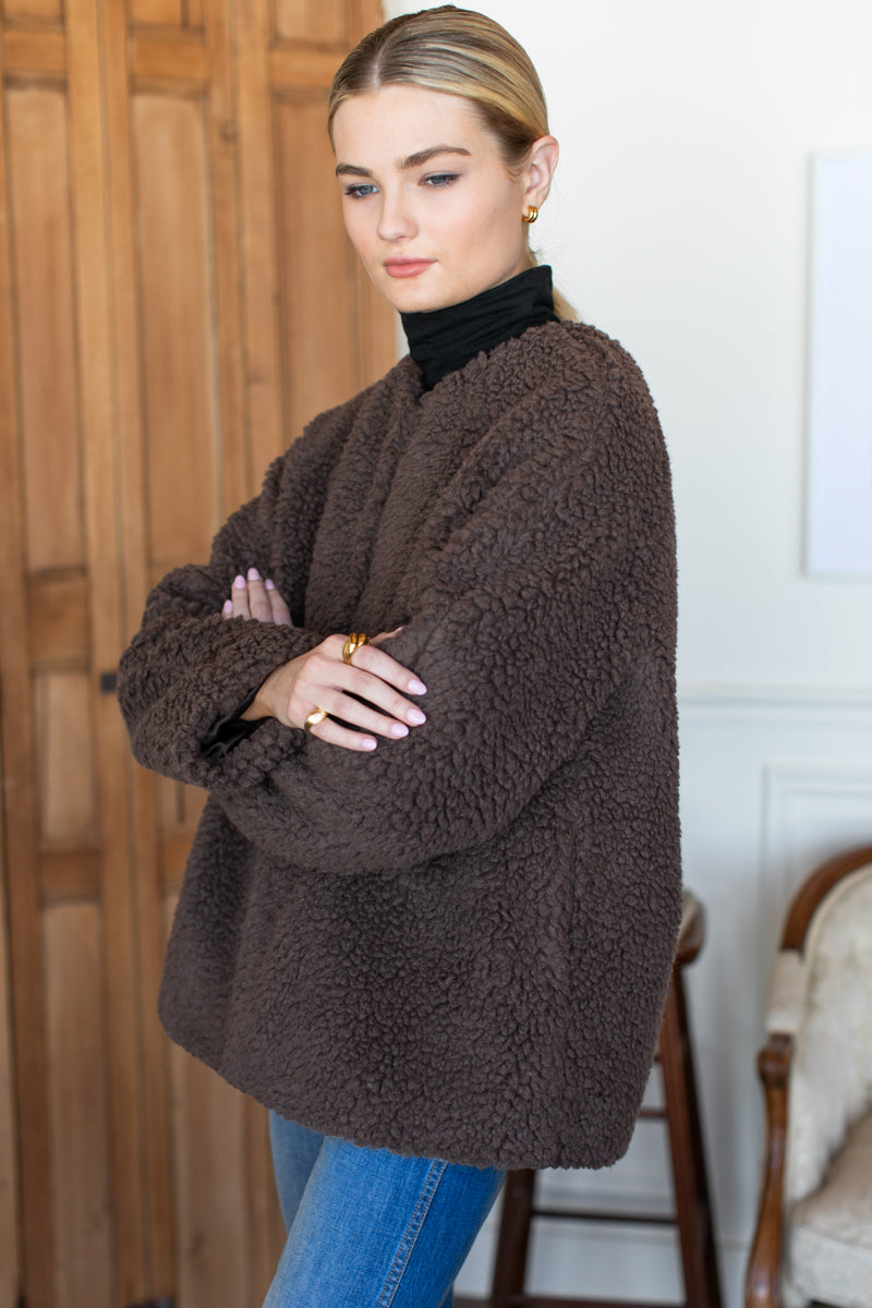 Emile Collarless Short Coat - Chocolate Boucle