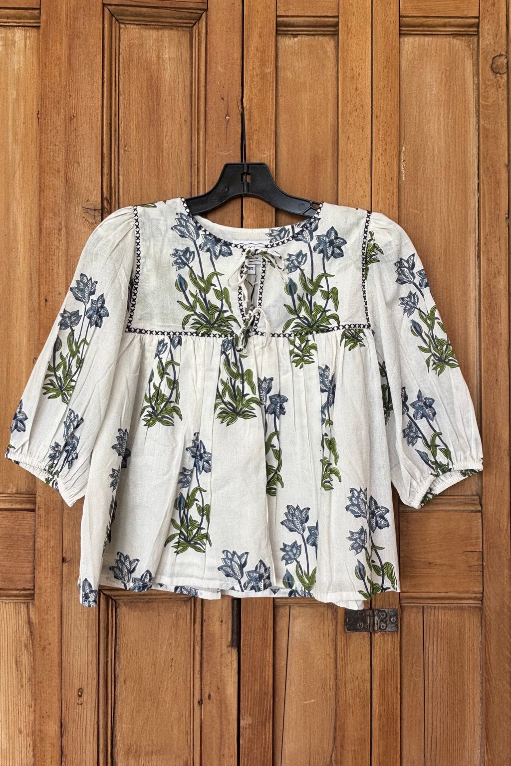 Puff Isla Top - Blue Clematis Flowers + Midnight Embroidery Organic