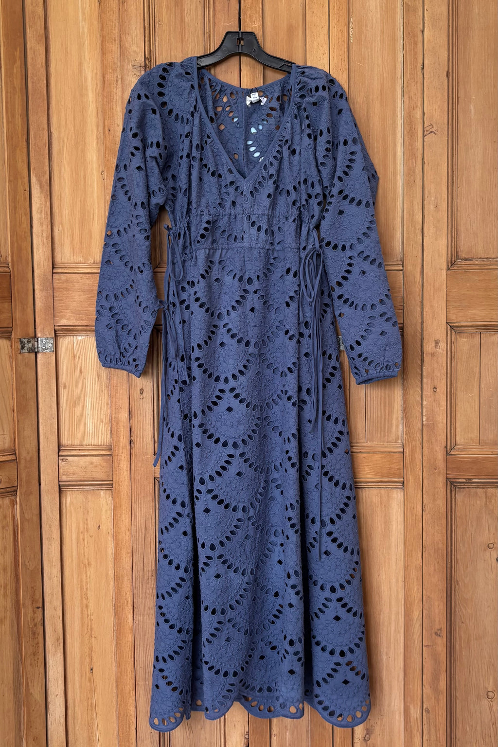 Double Waist Tie Dress - Blue Indigo Scallop Eyelet