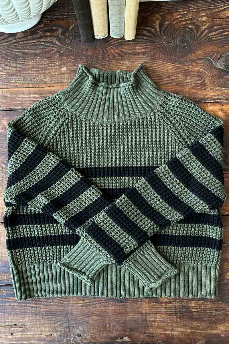 Boxy Funnel Neck Sweater - Army + Black Stripe