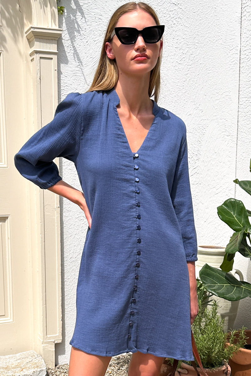 Blouson Dress - Blue Indigo Crinkle Organic