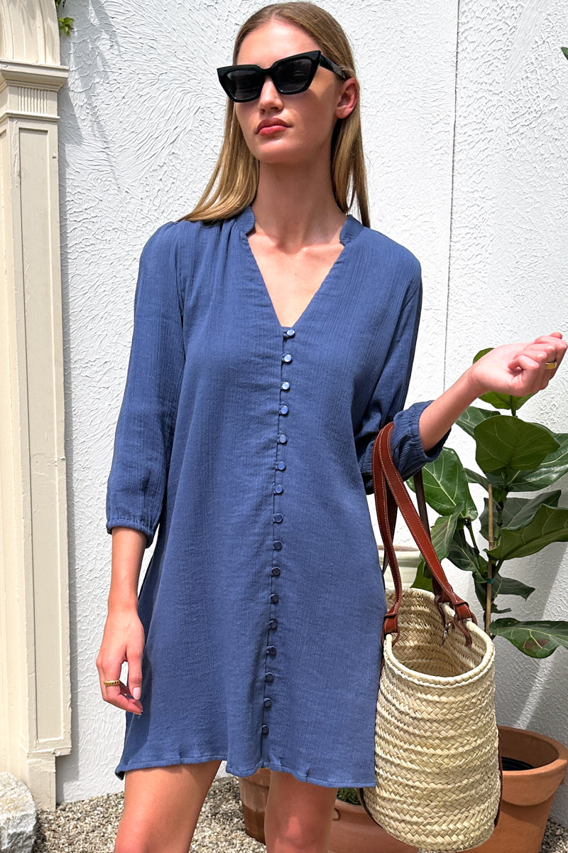 Blouson Dress - Blue Indigo Crinkle Organic