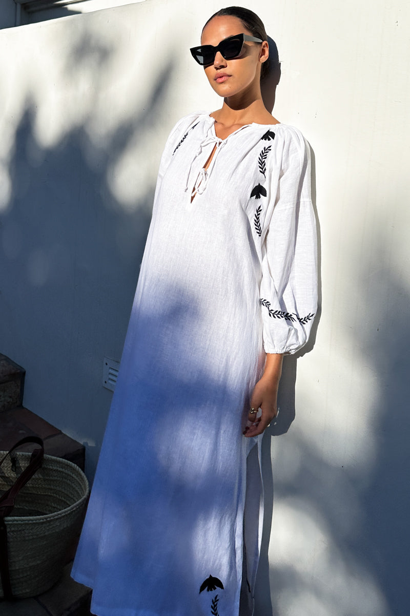Folk Maxi Dress - White Dove Embroidery Linen Folk Maxi Dress - White Dove Embroidery Linen
