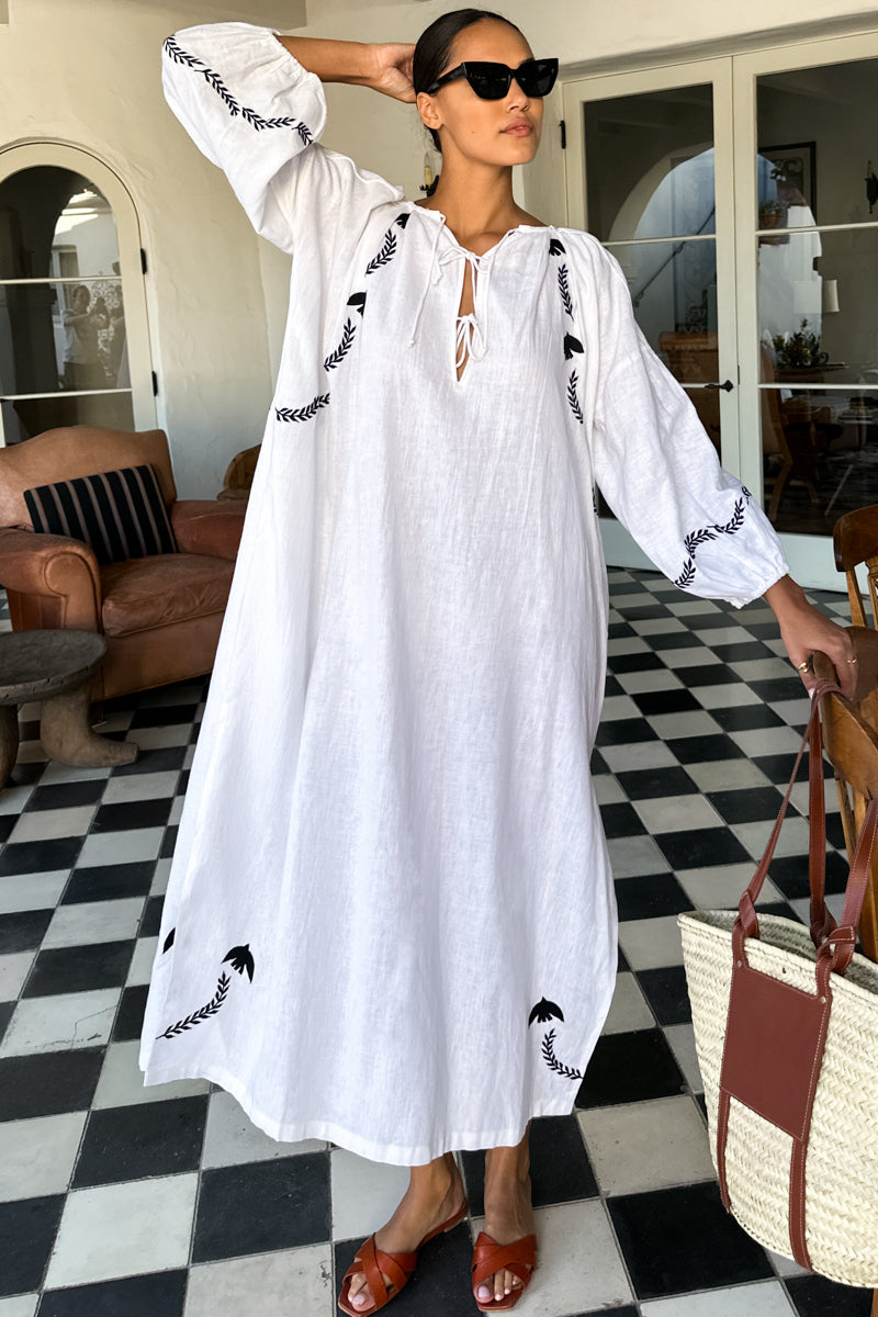 Folk Maxi Dress - White Dove Embroidery Linen Folk Maxi Dress - White Dove Embroidery Linen