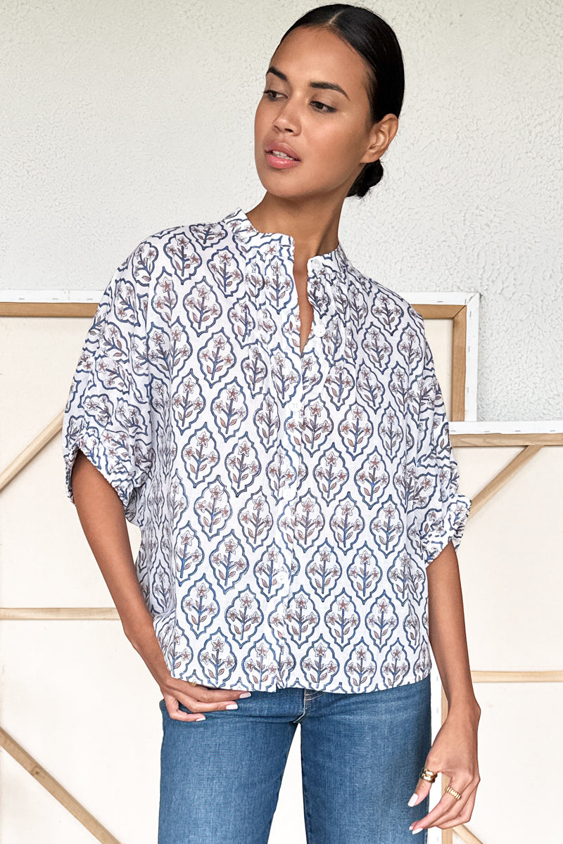 Mandarin Collar Top - Blue Portrait Floral