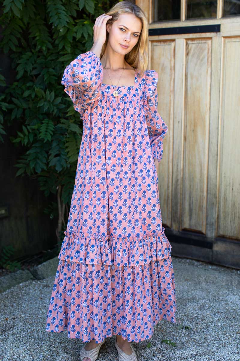 Adelina Long Sleeve Maxi Dress - Little Marigolds Apple + Blue Organic