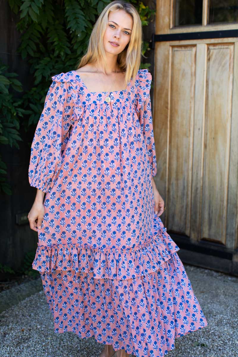 Adelina Long Sleeve Maxi Dress - Little Marigolds Apple + Blue Organic