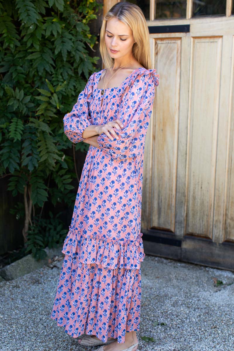 Adelina Long Sleeve Maxi Dress - Little Marigolds Apple + Blue Organic