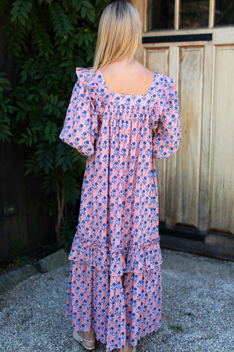 Adelina Long Sleeve Maxi Dress - Little Marigolds Apple + Blue Organic