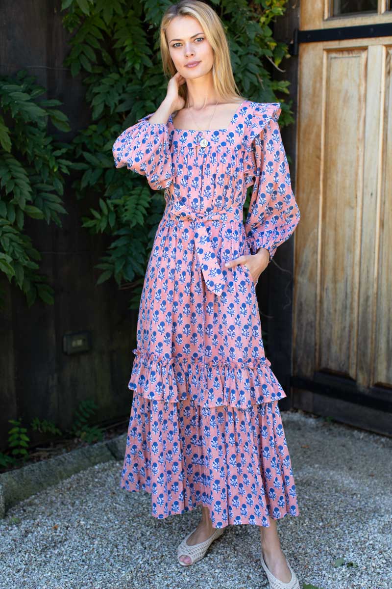 Adelina Long Sleeve Maxi Dress - Little Marigolds Apple + Blue Organic