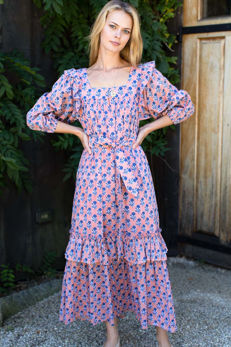 Adelina Long Sleeve Maxi Dress - Little Marigolds Apple + Blue Organic