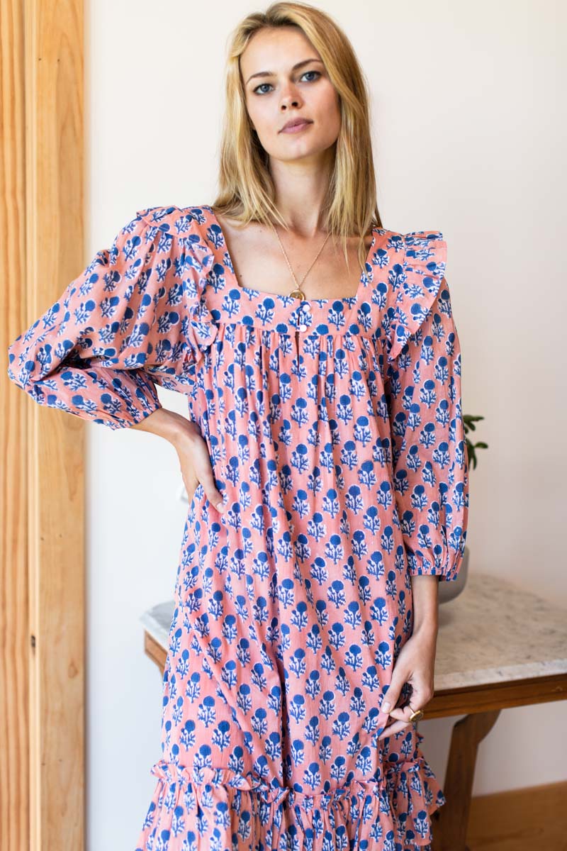 Adelina Long Sleeve Maxi Dress - Little Marigolds Apple + Blue Organic