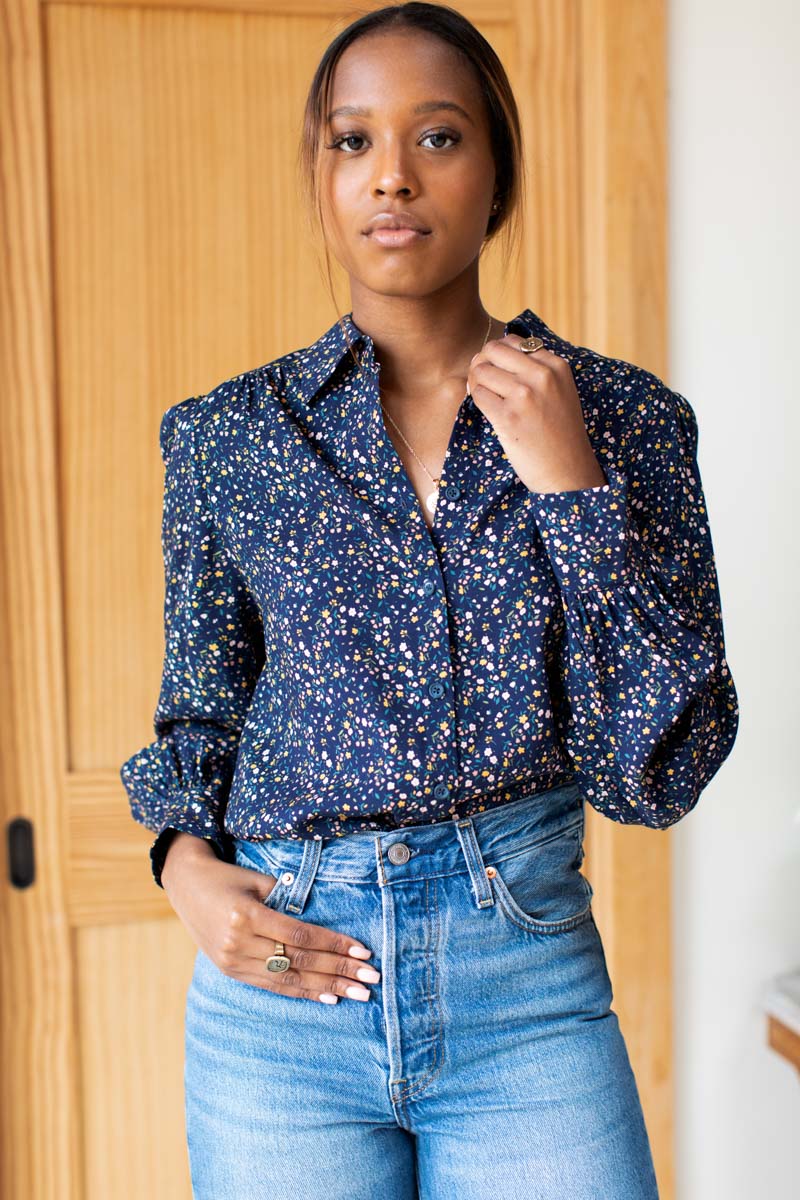 Button Down Blouse - Navy - Emerson Fry