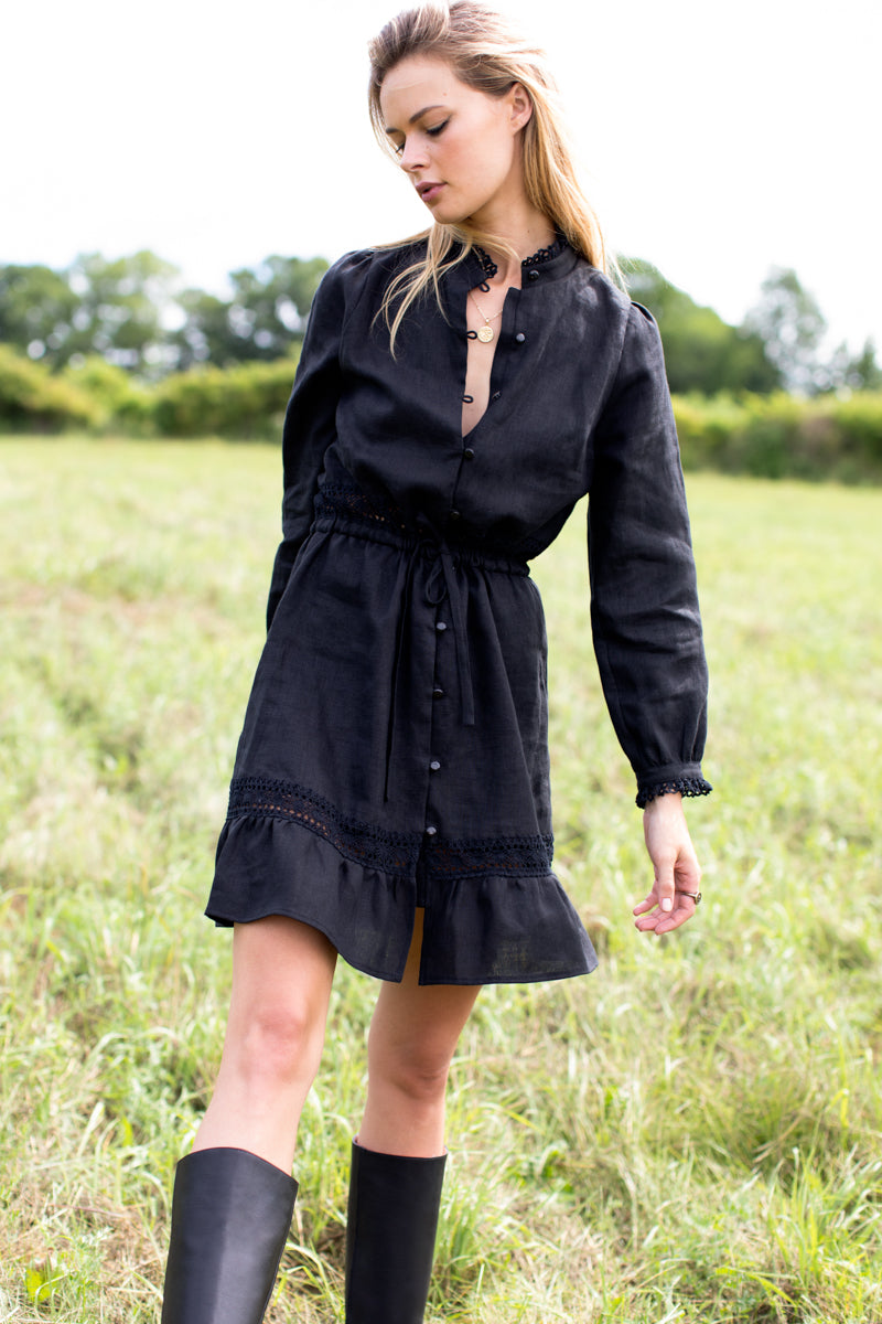 Frances Mini Dress - Black Linen