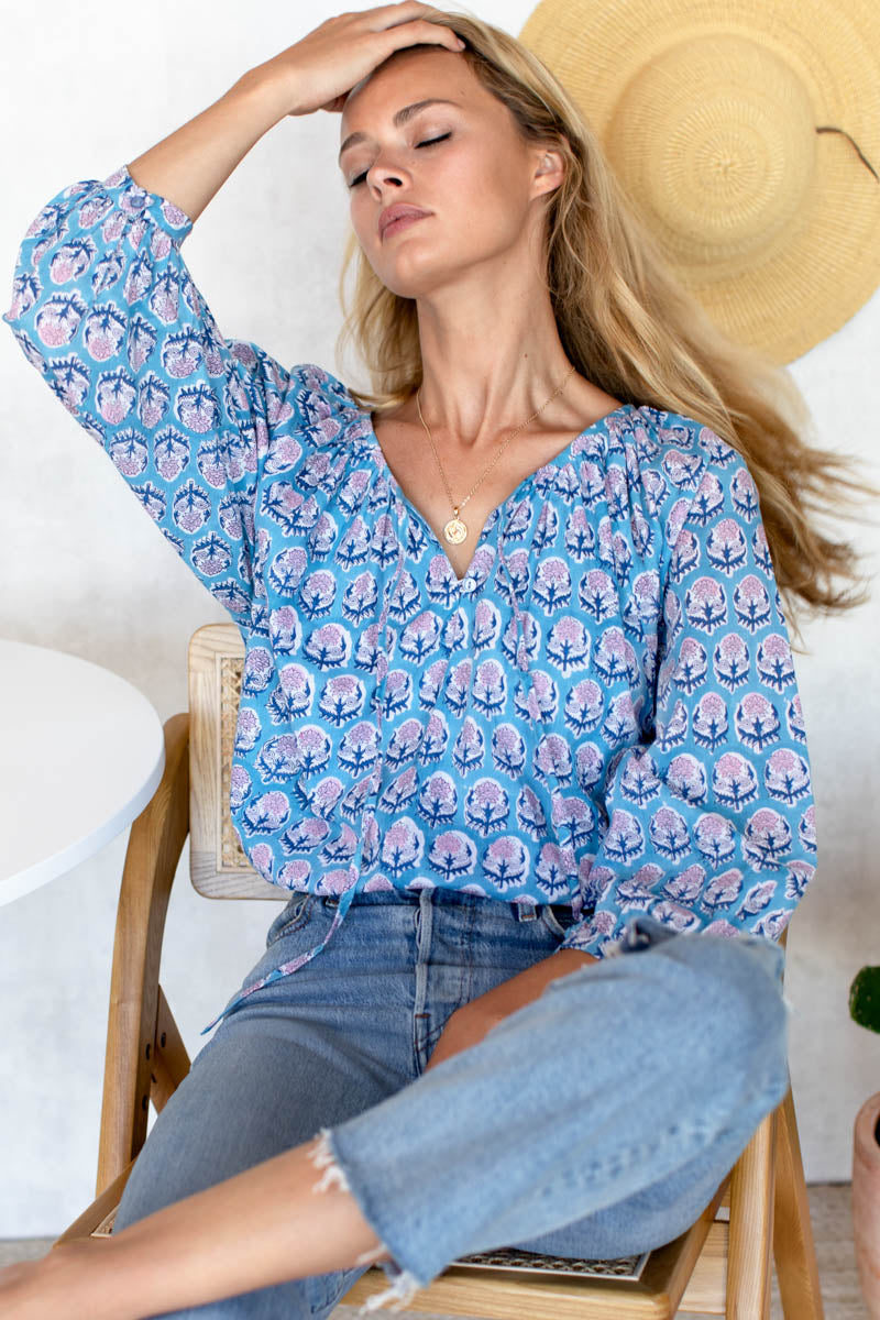 Lucy Blouse - Friday Flowers Blue + Pink Organic