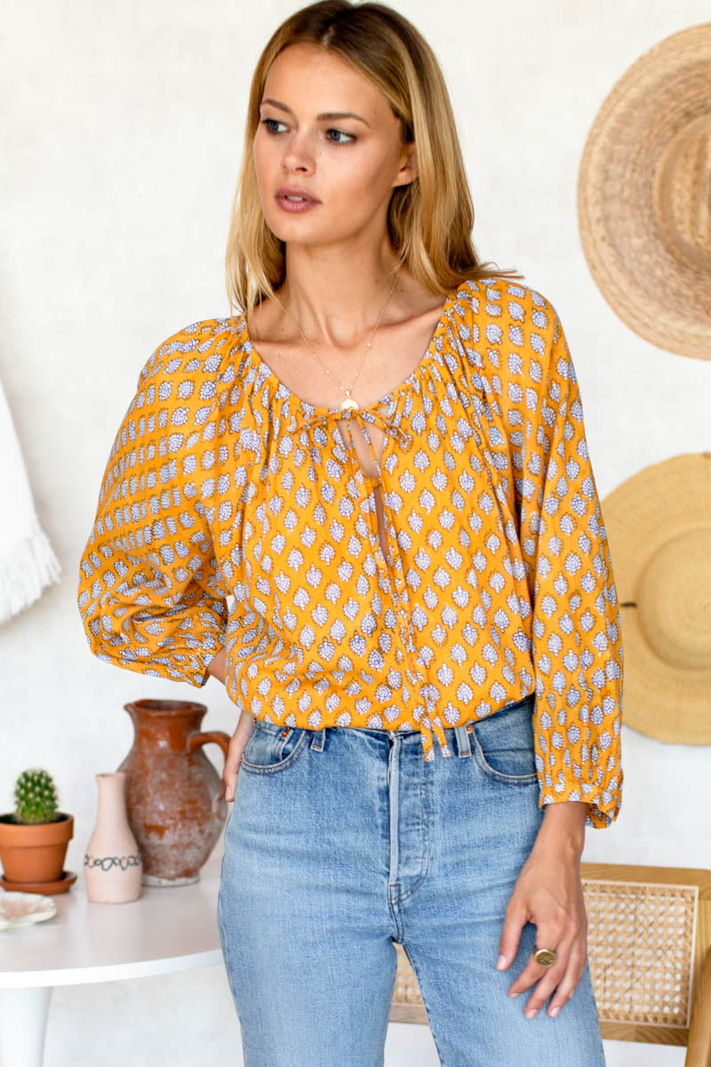 Feather and Bone Yellow High Neck Blouse UK10 SMALL 36” Bust