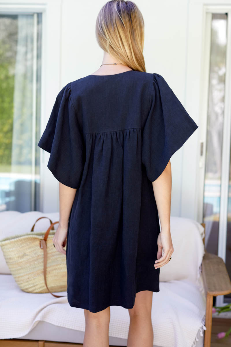 Marion Button Dress - Black Linen