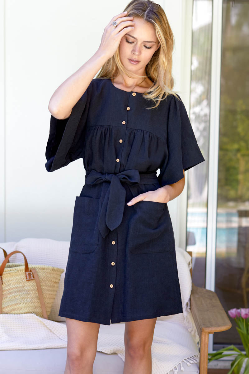 Marion Button Dress - Black Linen