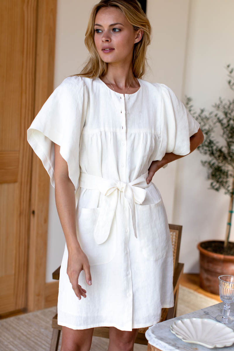 Marion Button Dress - Salt Linen