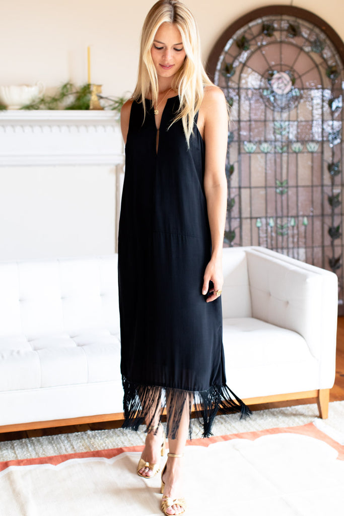 Cut Out Fringe Midi Dress Black Emerson Fry 6015