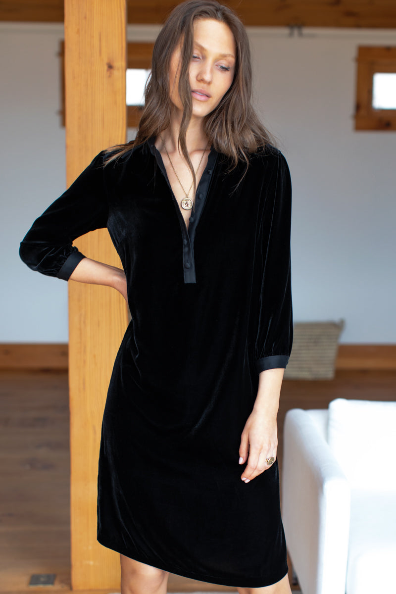 Velvet Shirtdress - Black Silk Velvet - Emerson Fry Velvet Shirtdress - Black Silk Velvet - Emerson Fry