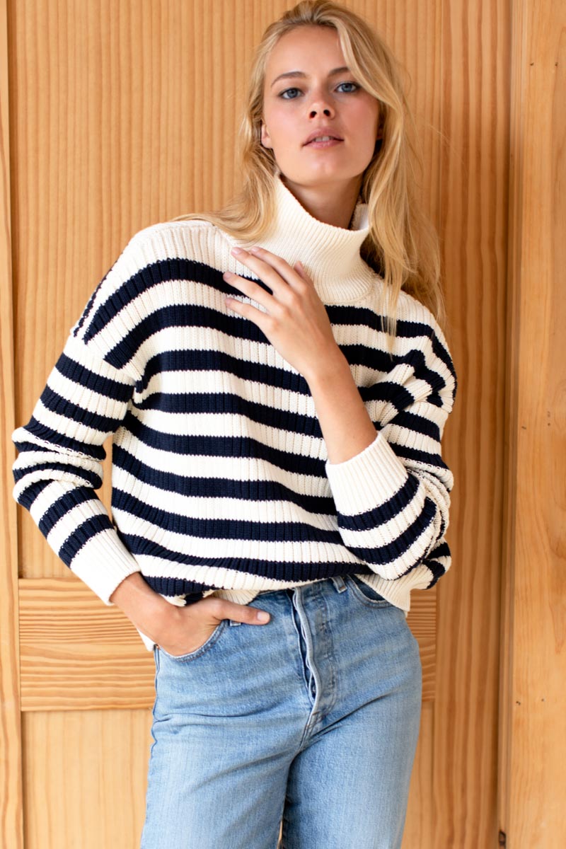 Carolyn Funnel Neck Sweater - Navy French Stripe Organic