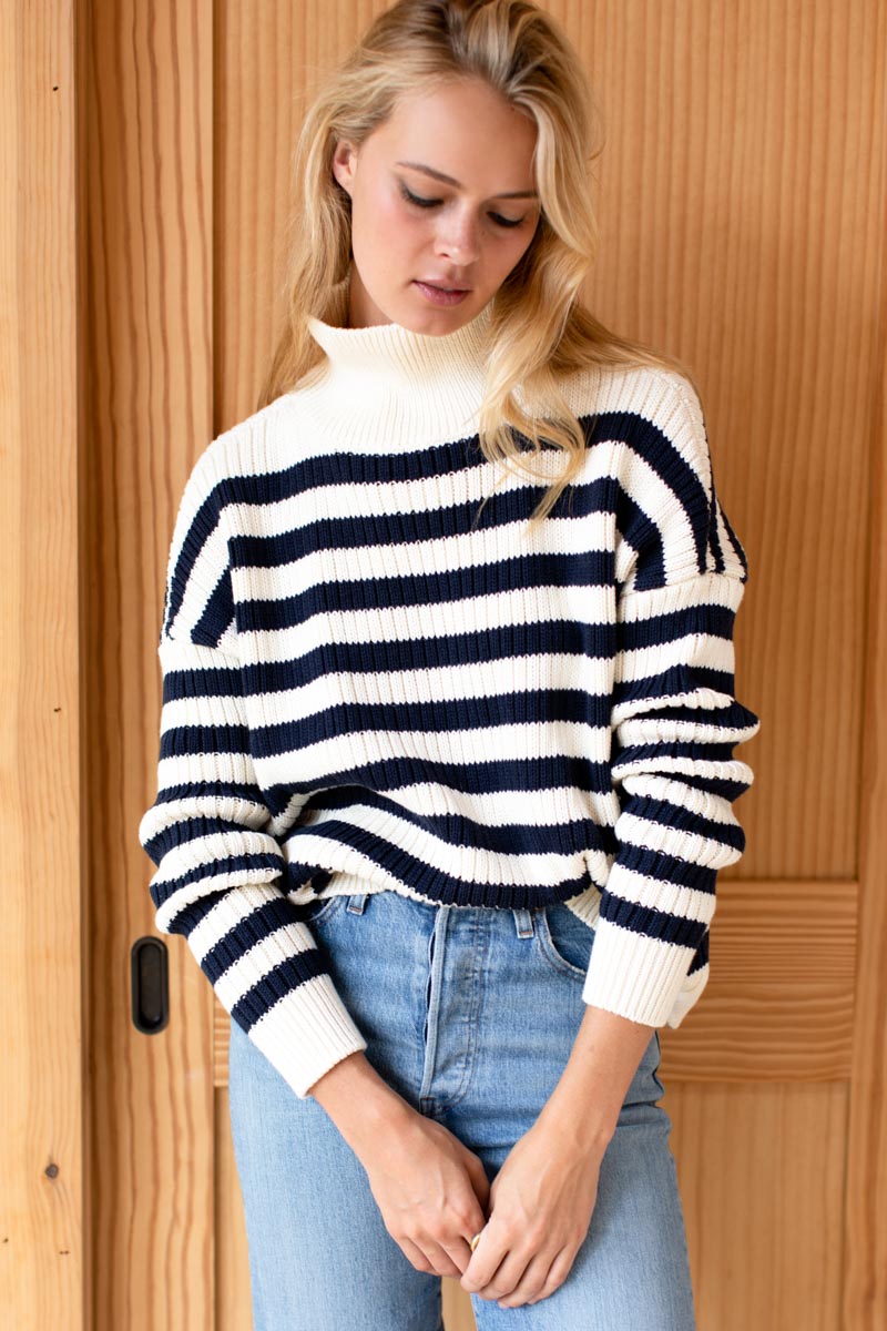 Carolyn Funnel Neck Sweater - Navy French Stripe Organic