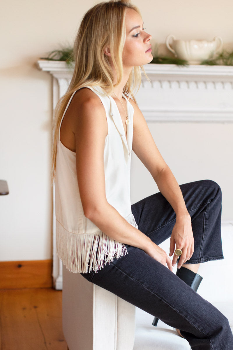 Cut Out Fringe Top - Pearled Ivory