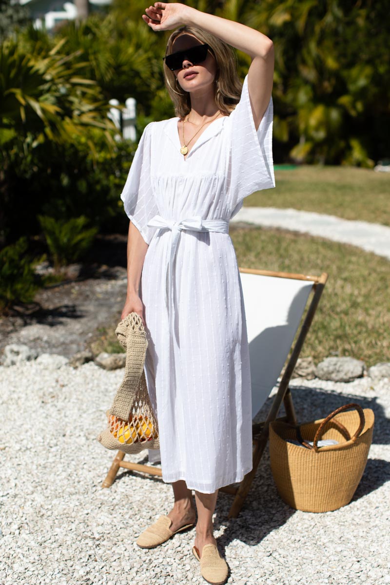 Basalie Midi Dress - Dot Stripe White Organic