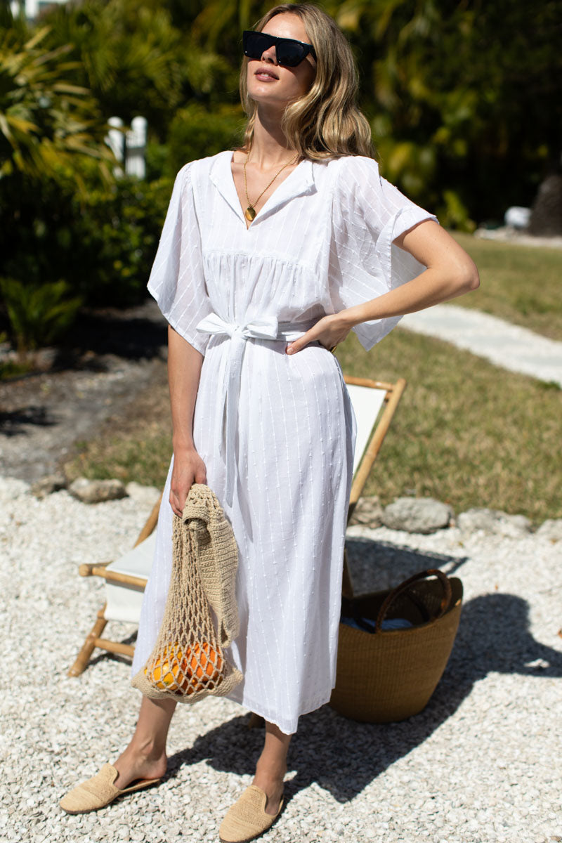 Basalie Midi Dress - Dot Stripe White Organic