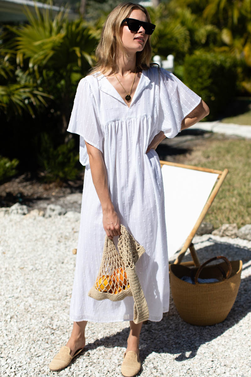 Basalie Midi Dress - Dot Stripe White Organic