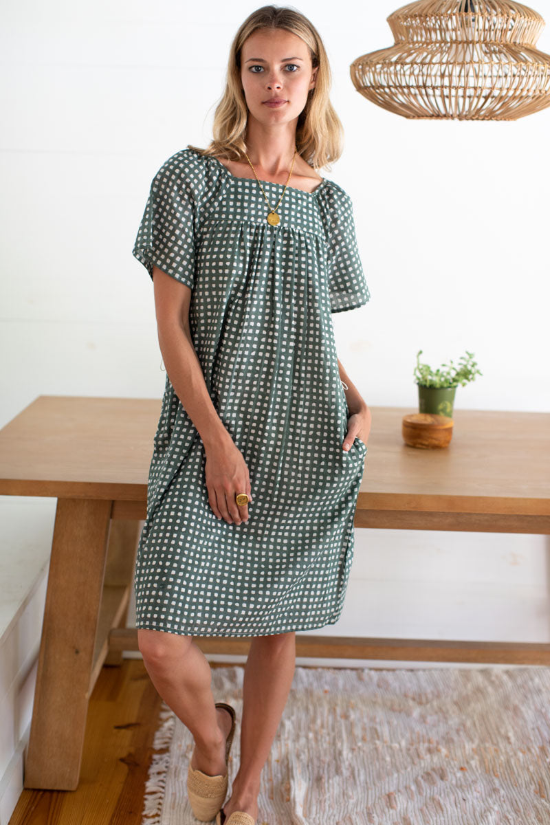 Colette Short Dress - Moss Gingham Organic