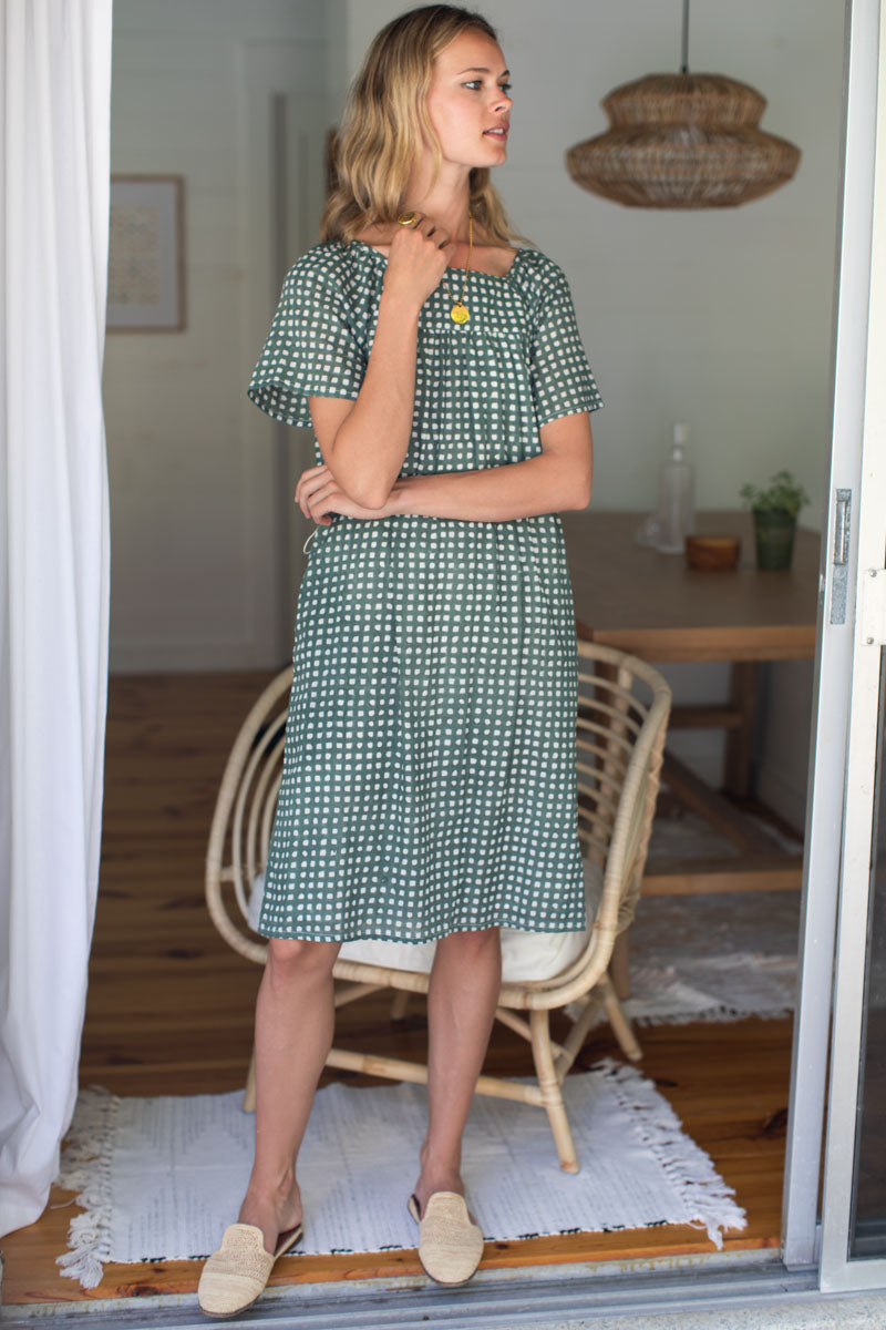 Colette Short Dress - Moss Gingham Organic