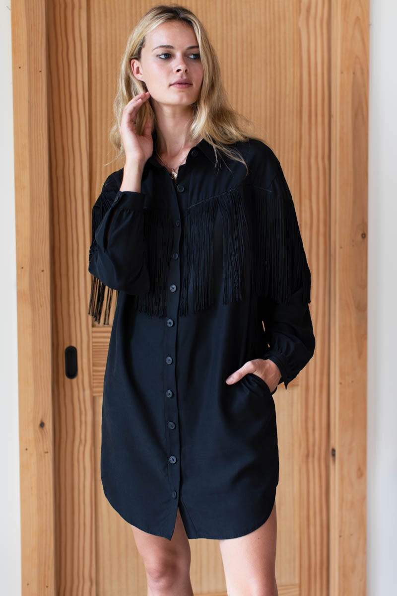shirt dress with fringe Button Up Fringe Trim Long Sleeve Poplin Collar, Bridget Fringe Maxi Shirt Dress in Teal, Size XL, For Office