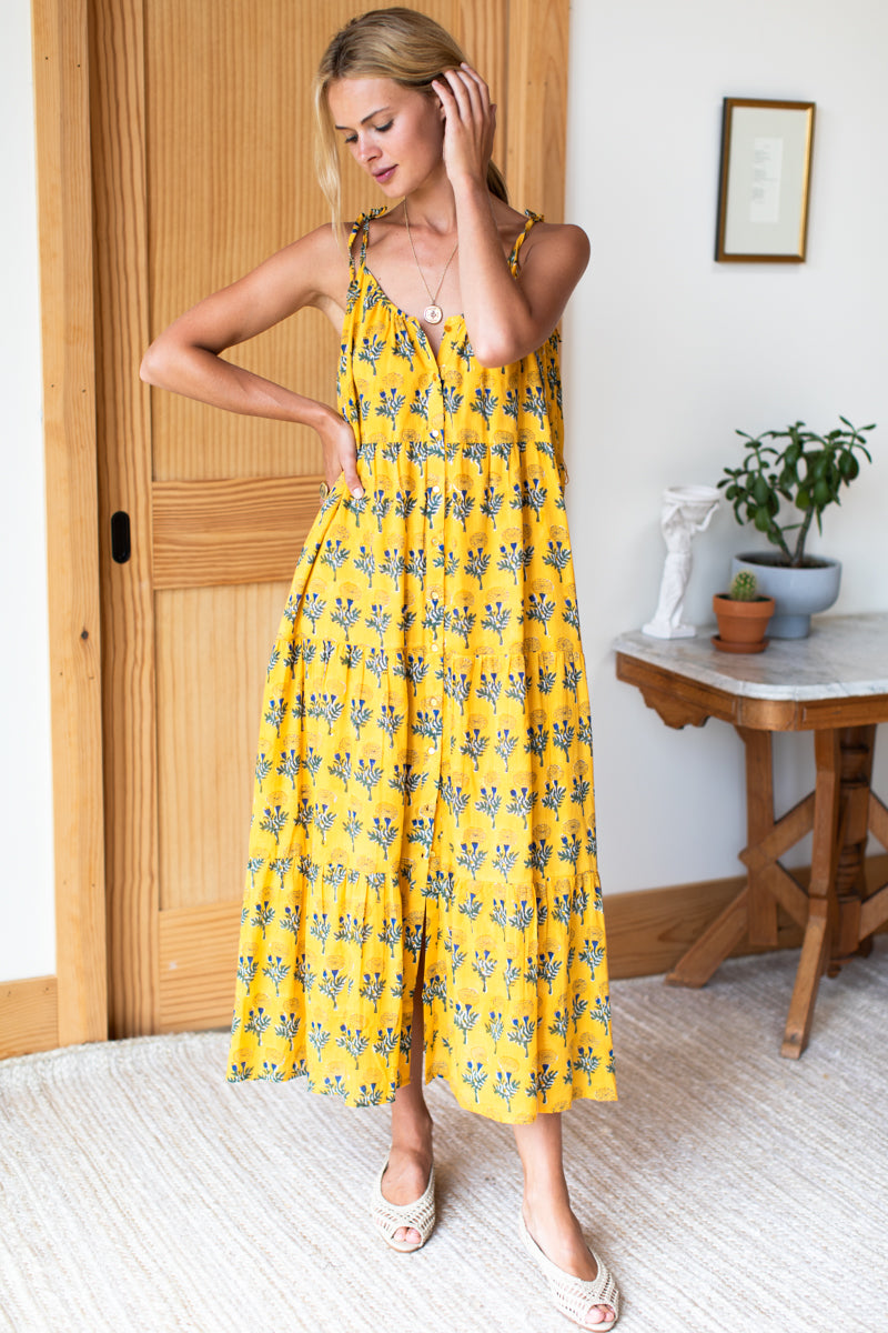 India Button Front Sundress - Big Marigolds Yellow Organic