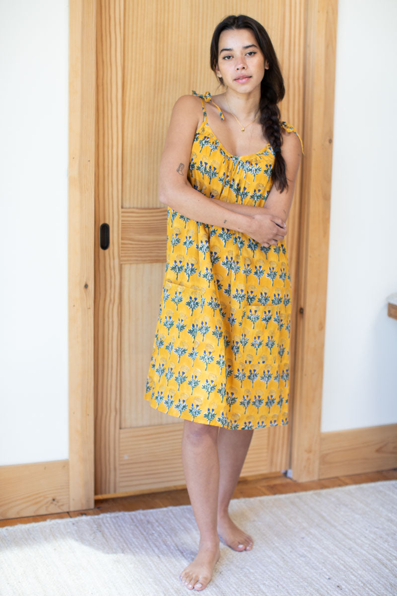 Mae Patch Pocket Dress - Big Marigolds Yellow Organic