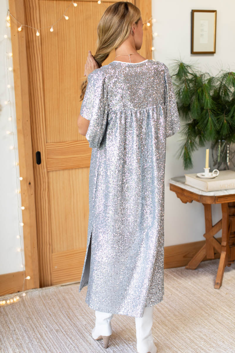 Marion Long Dress - Silver Sequin