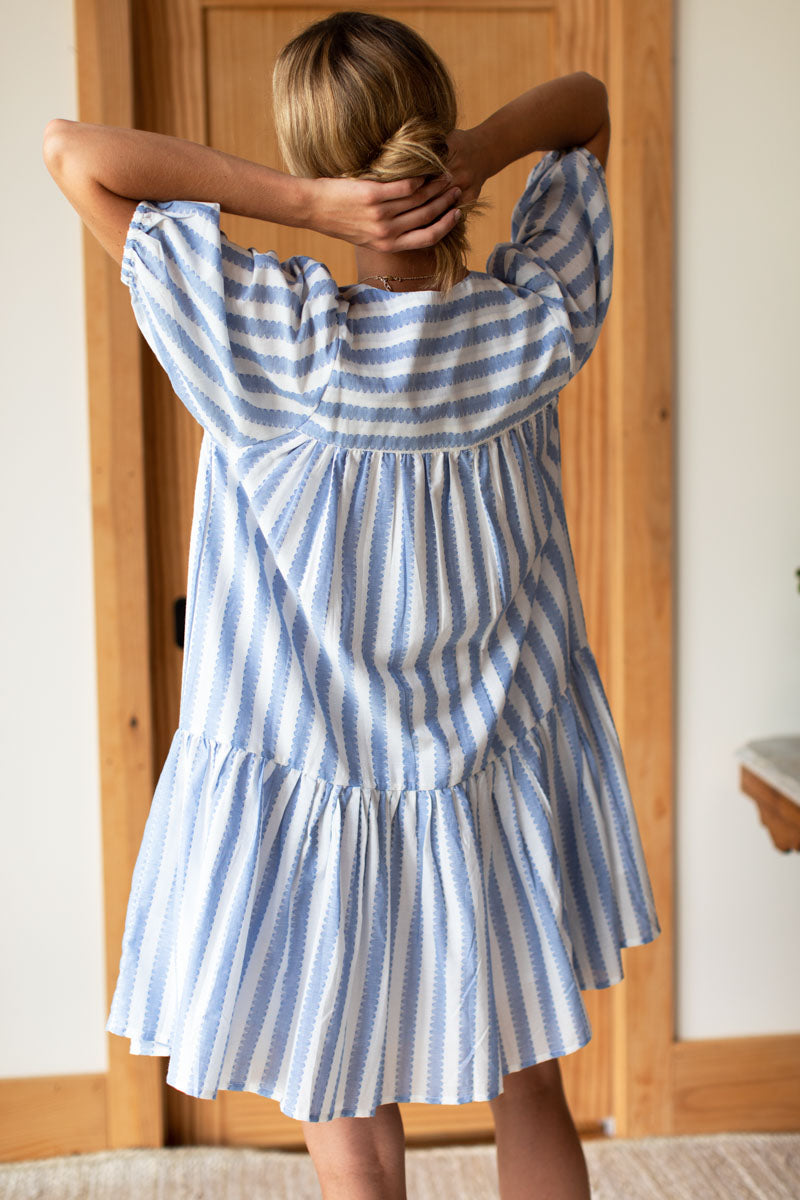 Puff Isla Dress - Scallop Stripe Blue