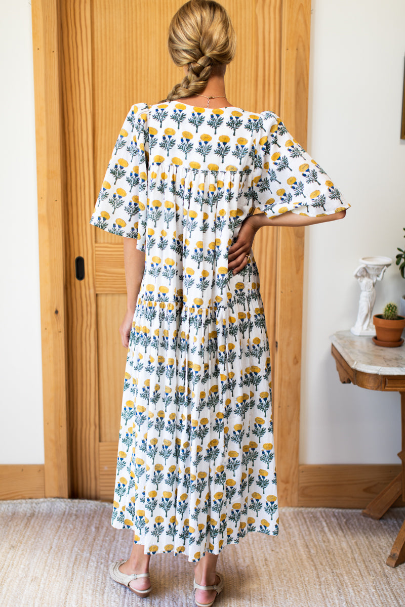 Puff Isla Maxi Dress - Big Marigolds White Organic