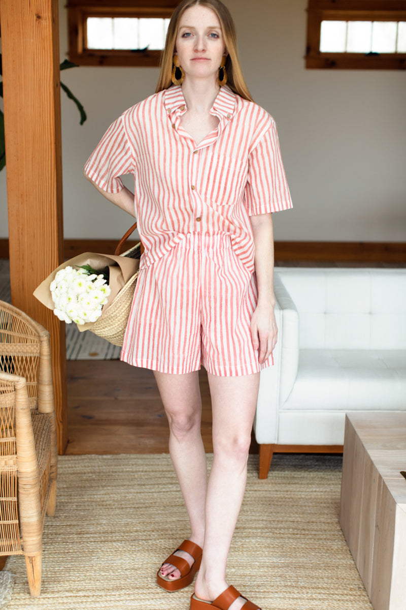 Pull On Shorts - Muted Clay Stripe Lightweight Cotton Organic
