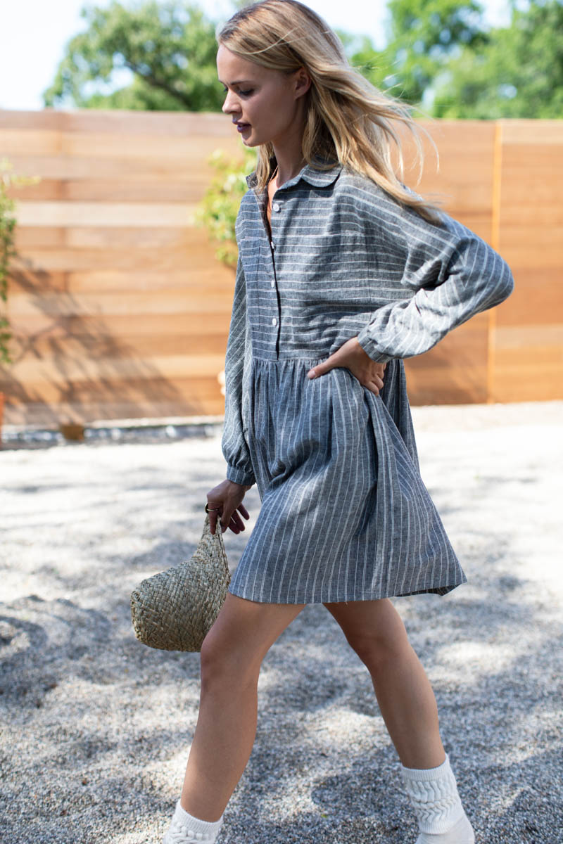 Selma Long Sleeve Dress - Black Stripe Hemp Organic